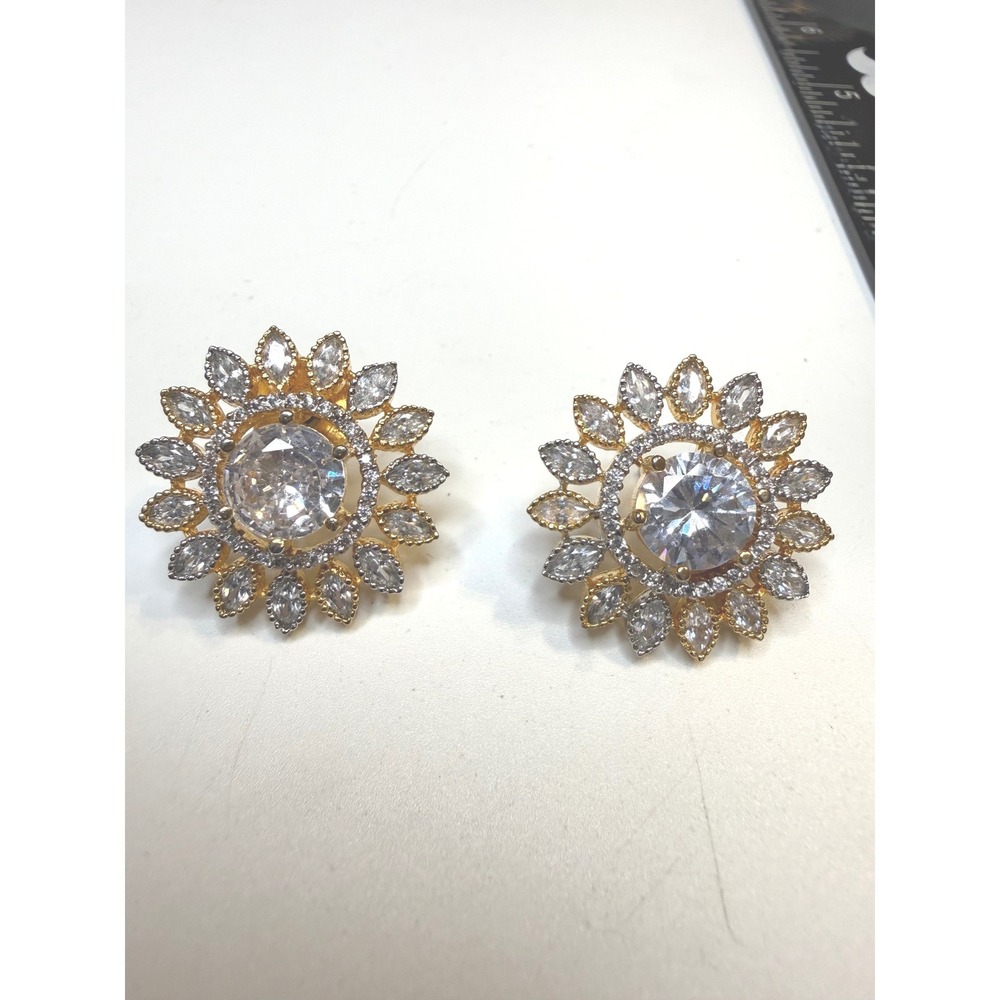 Gold Tone Sunburst Floral Stud Earrings Clear Cubic Zirconia Statement Jewelry